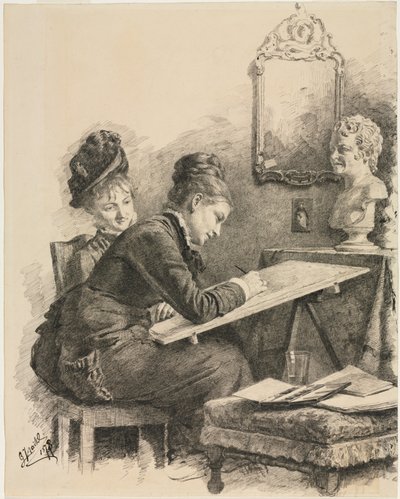 Two Women Sketching a Sculpture, 1878 by Gabriel von Hackl