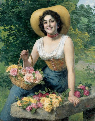 A Beauty Holding a Basket of Roses by Gaetano Bellei