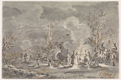 Military Camp with Soldiers Around Campfire by Gerardus Emaus de Micault