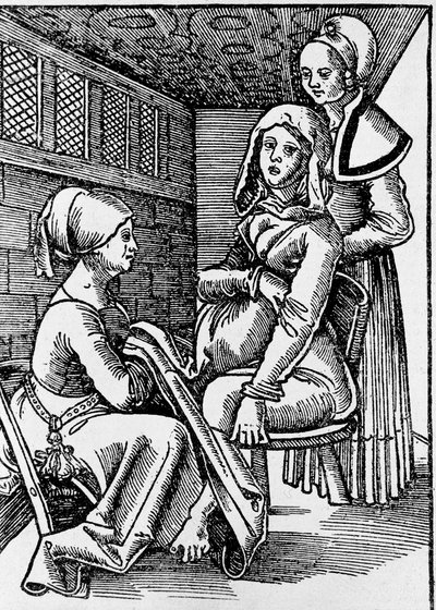 A childbirth (xylography) by German School