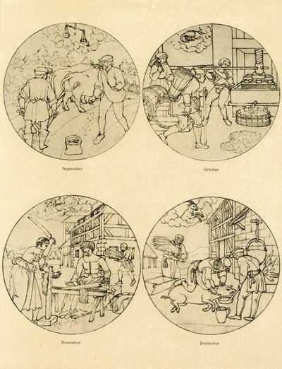 Twelve calendar images in a circular shape by German School