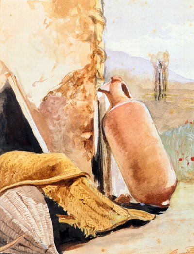 Still life with jug and landscape by Giacinto Gigante
