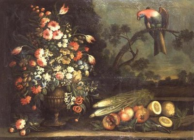 Still Life, Mixed Flowers, Vegetables and Parrot by Giacomo Nani