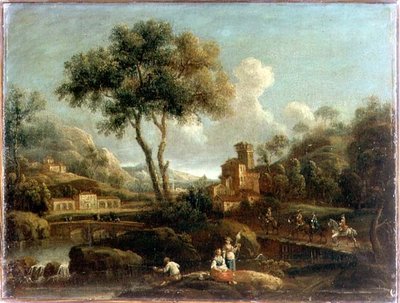 A Wooded River Landscape with Travellers by Gianbattista Cimaroli