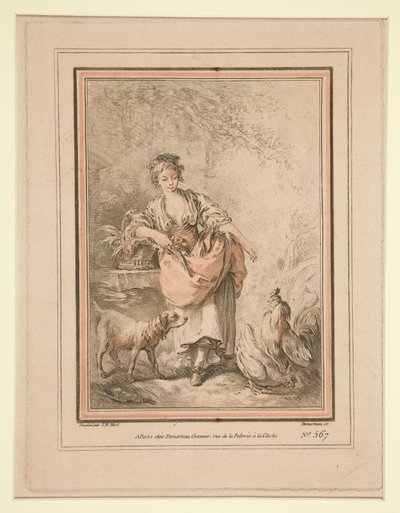 Girl Feeding Hens by Gilles Demarteau