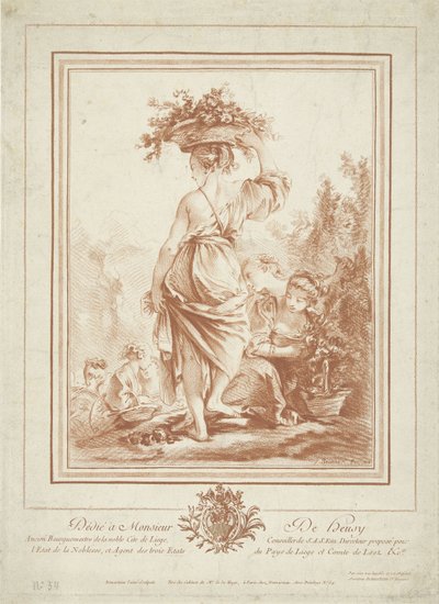 Woman with Flower Basket in Garden by Gilles Demarteau