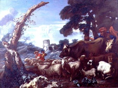 Farmhands with cattle and sheep by Giovanni Francesco Castiglione