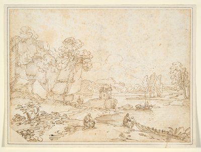 Cliffs at Riverbank with Fishermen by Giovanni Francesco Grimaldi
