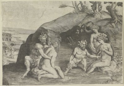 Three Nymphs and Two Satyrs Bathing by Giulio Bonasone