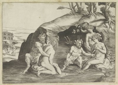 Three Nymphs and Two Satyrs Bathing by Giulio Bonasone