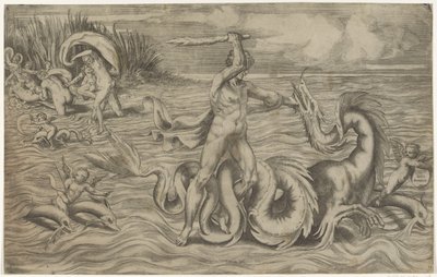 Hercules Wrestling with Achelous by Giulio Bonasone