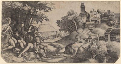 Shepherds in a Landscape by Giulio Campagnola and Domenico Campagnola