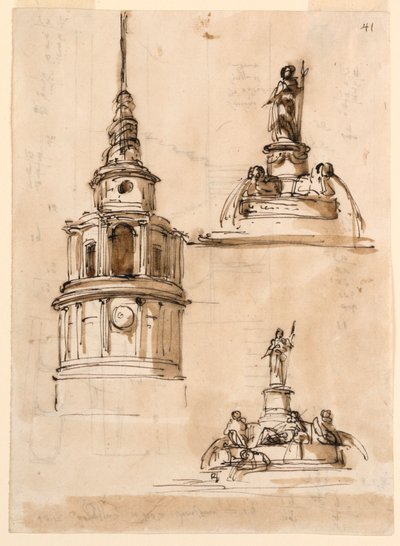 Elevation of a Tower; Fountains; Staircase by Giuseppe Barberi