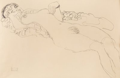 Recumbent female nude, toward the left, 1917 by Gustav Klimt
