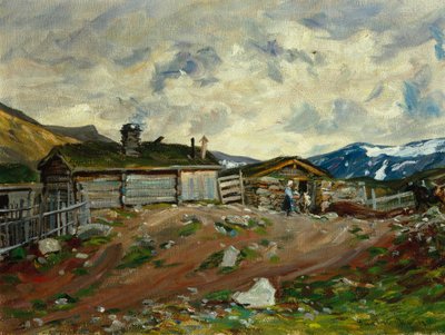 Mountain farm with woman and cow by Gustav Wentzel