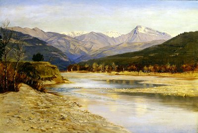 A Mountainous Lake Landscape in Bordighera by H. Baynes