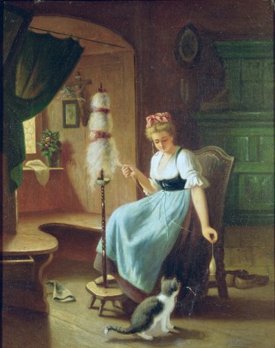 Girl at a Spinning Wheel by H Harcourt