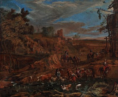 Autumn Landscape with Ford and Cattle Drive by Hans (Johann Baptist) Graf