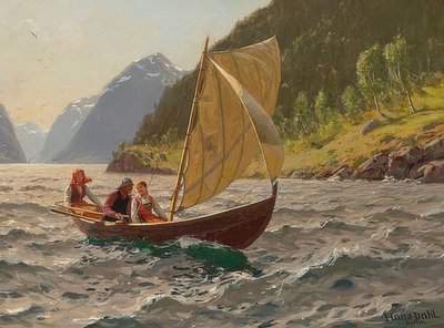 Sailing Party in Norwegian Fjord Landscape by Hans Dahl