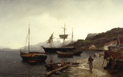 Fishing Smack (Boat) in Harbour, Kleven, Mandal by Hans Gude