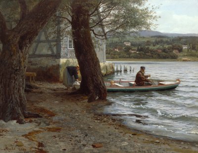 People In A Rowing Boat On Beach by Hans Gude