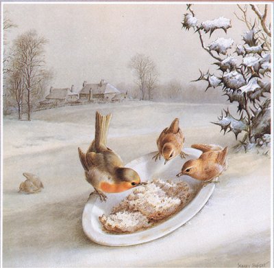 Robins and Wrens: Winter Breakfast, Postcard by Harry Bright