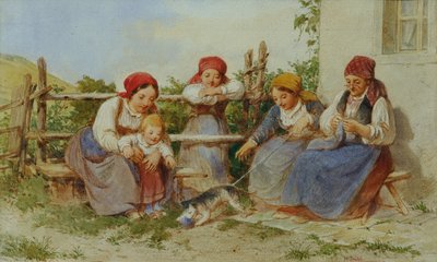 Women and Children with Playing Cat by Heinrich Stohl