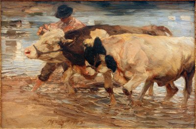 Farmhand with Cow and Ox by Heinrich von Zügel