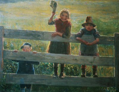 Three Small Children at the Gate by Helga Ring Reusch