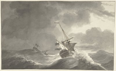 Two Ships at Sea in a Storm by Hendrik Kobell