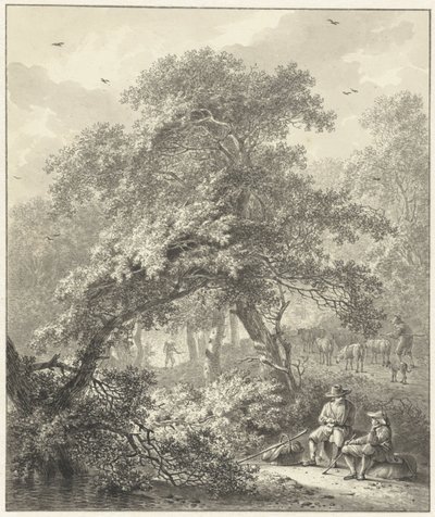 Forest scene with resting travelers under a tree by Hendrik Meijer