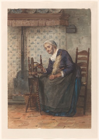Old Woman in Interior at Spinning Wheel by Hendrik Valkenburg