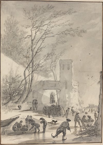 Skaters Outside a City Wall by Hendrik van der Straaten