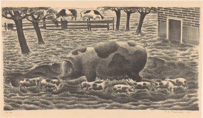 Sow with Eight Piglets by Henk Henriët (signed by artist)