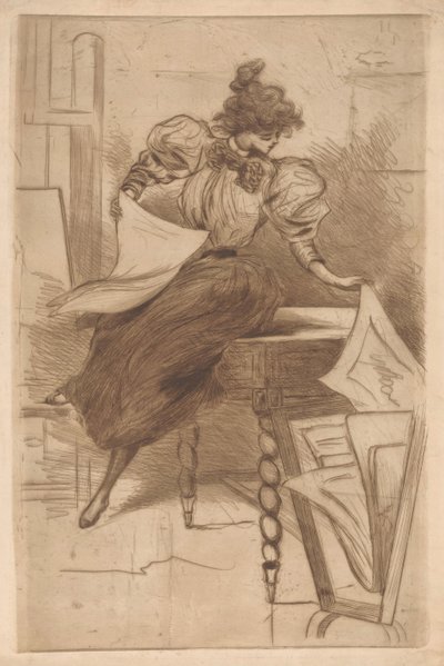 Woman looking at prints in a print stand by Henri Boutet (possibly)