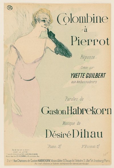 Yvette Guilbert, in Colombine to Pierrot by Henri de Toulouse Lautrec