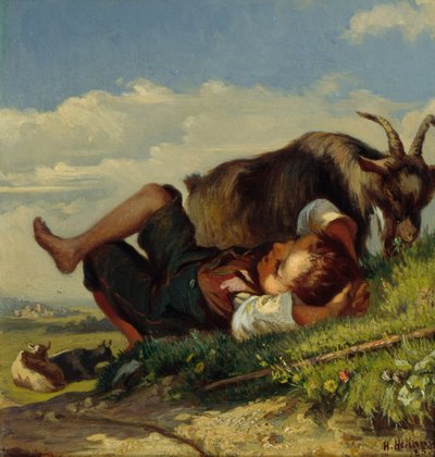 Shepherd boy with goats by Henrik August Helland