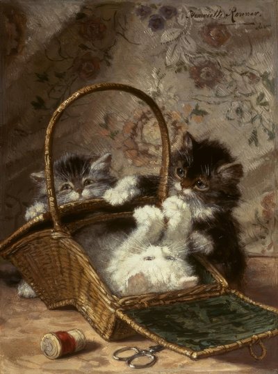 Young Cats with a Sewing Basket by Henriëtte Ronner Knip