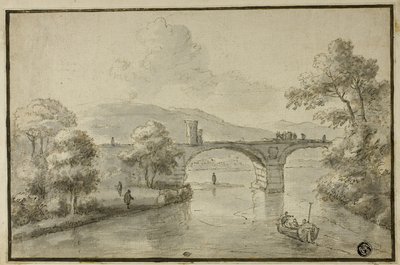 River with Arched Bridge and Boat by Herman van Swanevelt