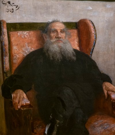 Leon Tolstoy in a Pink Armchair by Ilya Efimovich Repin