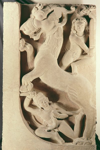 Warriors fighting a lion-griffin by Indian School