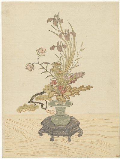 Ikebana Flower Arrangement in Green Vase by Ippitsusai Bunchô (manner of)