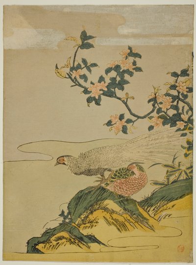 Pheasants under Branch of Peach Blossoms by Isoda Koryusai