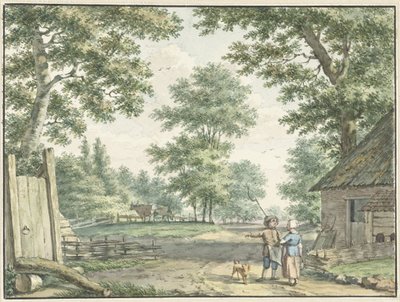 Landscape with Two People by a Farmhouse by Izaak Schmidt