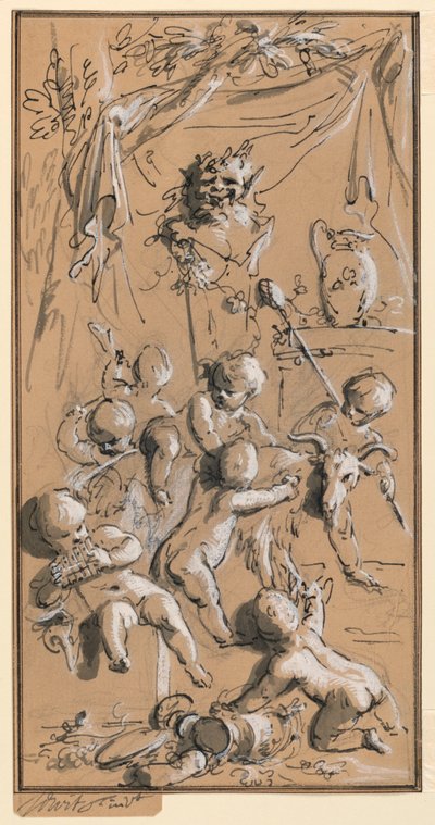Putti playing before a herm by Jacob de Wit