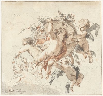 Floating cherubs with a basket of flowers by Jacob de Wit