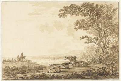 River Landscape with Resting Cattle by Jacob van Strij