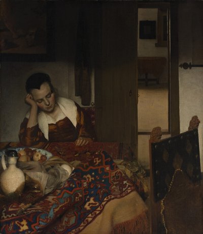 Girl asleep at a table by Johannes Vermeer