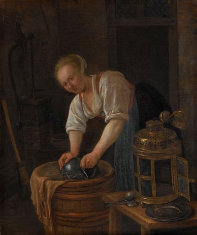 Woman Scouring Metalware by Jan Havickszoon Steen