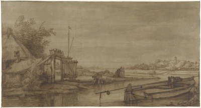Canal View with Farm and Moored Barge by Jan Hulswit (possibly)